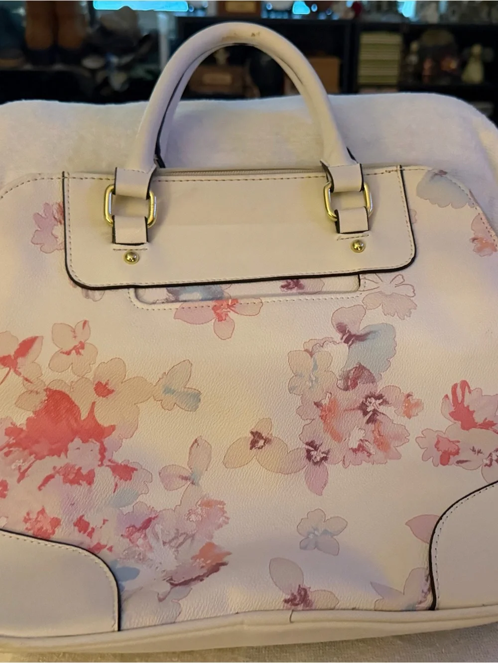 Liz Claiborne Cream Satchel with Pink Floral Print